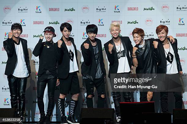Jin, Jung Kook, Rap Monster, Jimin, j-hope of BTS attends the BTS 1st Album "Dark And Wild" Show Case" at the Samsung Card Hall on August 19, 2014 in...