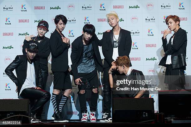 Jin, Jung Kook, Rap Monster, Jimin, j-hope of BTS attends the BTS 1st Album "Dark And Wild" Show Case" at the Samsung Card Hall on August 19, 2014 in...