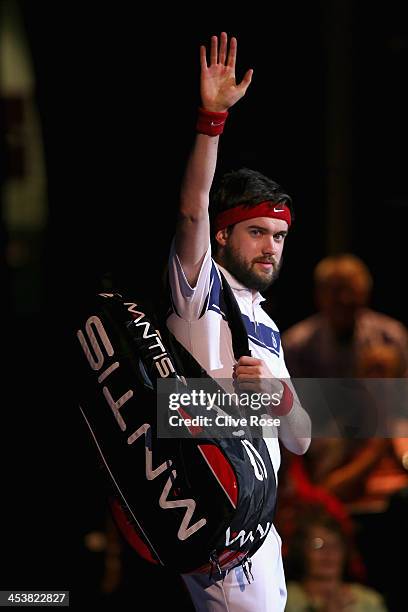 Jack Whitehall waves to the crowd prior to a challenge match against John McEnroe whilst filming for 'A league of their own' on day two of the...