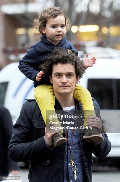 Orlando Bloom and his son Flynn Bloom are seen on December 5, 2013 in New York City.