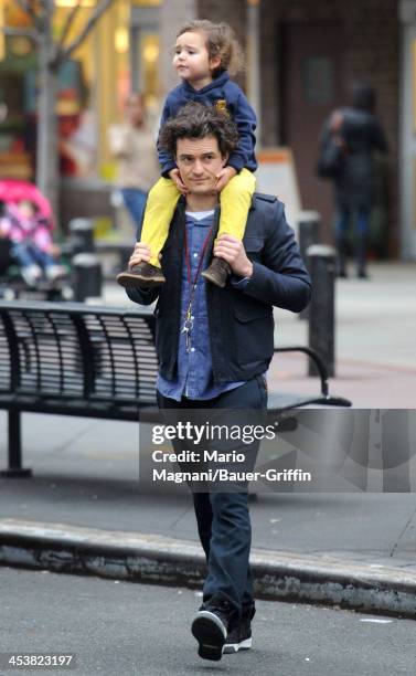 Orlando Bloom and his son Flynn Bloom are seen on December 5, 2013 in New York City.