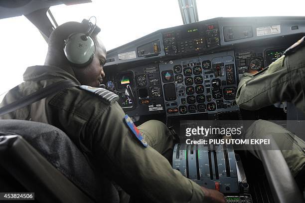 An Airforce officer pilots ATR 42-500 Maritime Patrol Aircraft acquired by the Nigerian Airforce to fight maritime crime in collaboration with the...