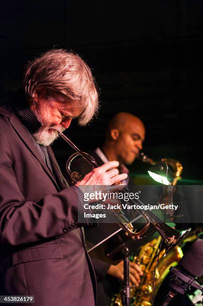 American Jazz musician Tom Harrell plays trumpet as he leads his quintet, with Wayne Escoffery on tenor saxophone, during their second set at the...