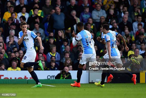 Tom Cairney of Blackburn celebrates his goal during the Sky Bet Championship match between Norwich City and Blackburn Rovers at Carrow Road on August...