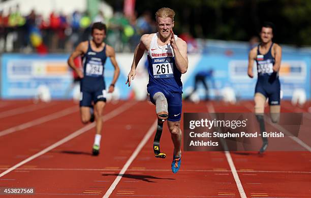 Jonnie Peacock of Great Britain wins the Men's 100m T44 event during day one of the IPC Athletics European Championships at Swansea University Sports...