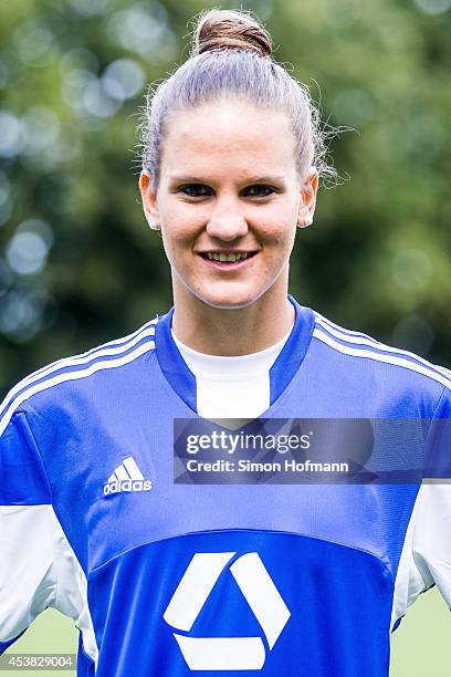 Desiree Schumann poses during the 1. FFC Frankfurt Team Presentation on August 19, 2014 in Frankfurt am Main, Germany.