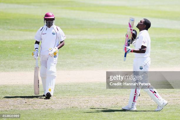 Darren Bravo of the West Indies celebrates scoring a century during day four of the first test match between New Zealand and the West Indies at...