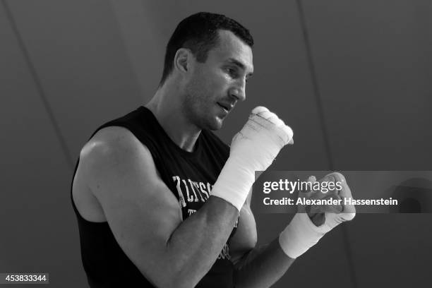 Wladimir Klitschko of Ukraine looks on during a training session at Hotel Stanglwirt on August 19, 2014 in Going, Austria. Wladimir Klitschko will...