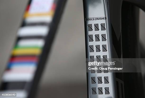 Detail photo of the retirement edition bike of Jens Voigt of Germany riding for Trek Factory Racing as he nears retirement prior to the start of...