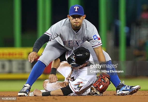 Rougned Odor of the Texas Rangers forces out Christian Yelich of the Miami Marlins during a game at Marlins Park on August 19, 2014 in Miami, Florida.