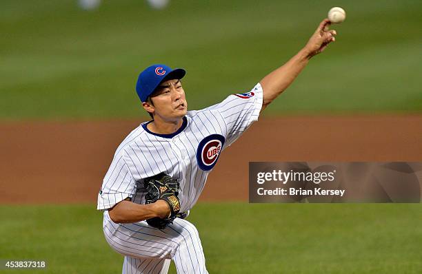 Starter Tsuyoshi Wada of the Chicago Cubs delivers a pitch during the second inning against the San Francisco Giants at Wrigley Field on August 19,...