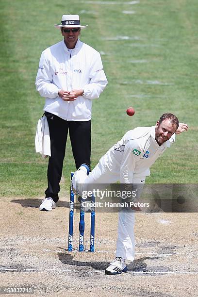 Aaron Redmond of New Zealand bowls during day four of the first test match between New Zealand and the West Indies at University Oval on December 6,...