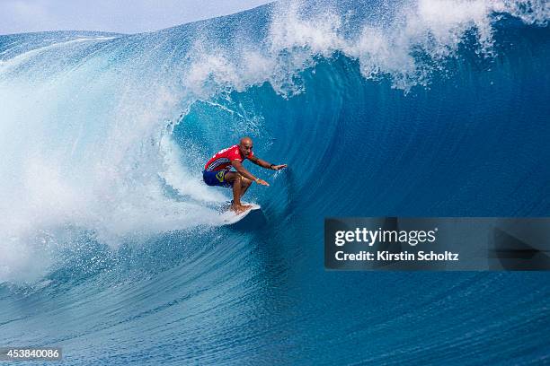 Fred Patacchia Jnr of Hawaii surfs during Round 2 of the Billabong Pro Tahiti on August 19, 2014 in Teahupo'o, French Polynesia.