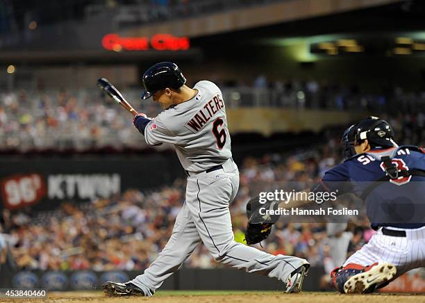 Zach Walters of the Cleveland Indians hits a two-run single against the Minnesota Twins during the fourth inning of the game on August 19, 2014 at...