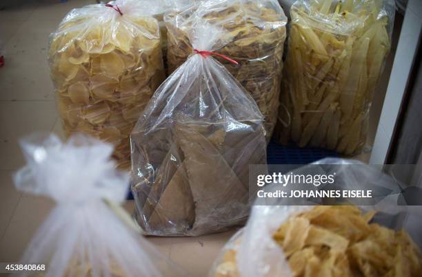 China-environment-social-food-economy,FOCUS by Felicia SONMEZ This photo taken on August 9, 2014 shows a sack of dried shark fins at a shop in...