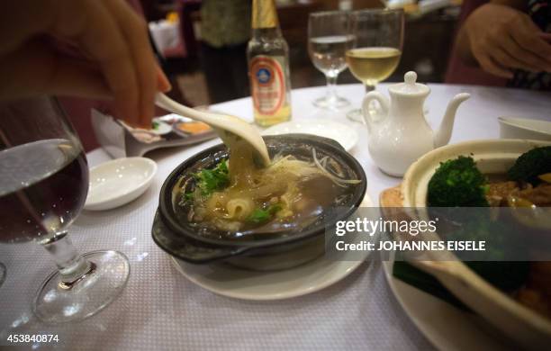 China-environment-social-food-economy,FOCUS by Felicia SONMEZ This photo taken on August 10, 2014 shows a waitress serving shark fin soup in a...