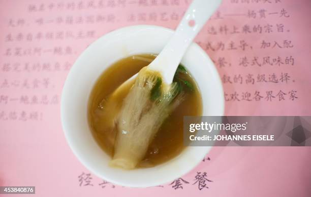 China-environment-social-food-economy,FOCUS by Felicia SONMEZ This photo taken on August 10, 2014 shows a bowl of shark fin soup in a restaurant in...