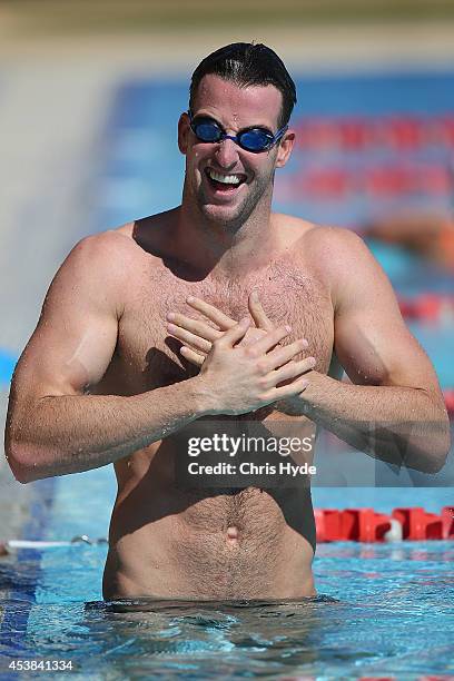James Magnussen smiles during an Australian squad training session at the Gold Coast Aquatics Centre on August 20, 2014 in Gold Coast, Australia.