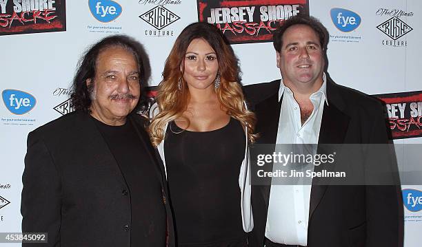 Ron Jeremy, tv personality Jenni "JWoww" Farley and director Paul Tarnopol attends the "Jersey Shore Massacre" New York Premiere at AMC Lincoln...