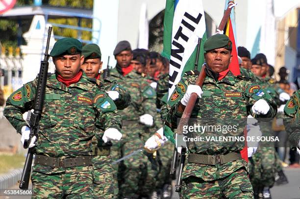 East Timorese troops parade during a ceremony marking the 39th anniversary of FALINTIL, the Armed Forces for the National Liberation of East Timor,...