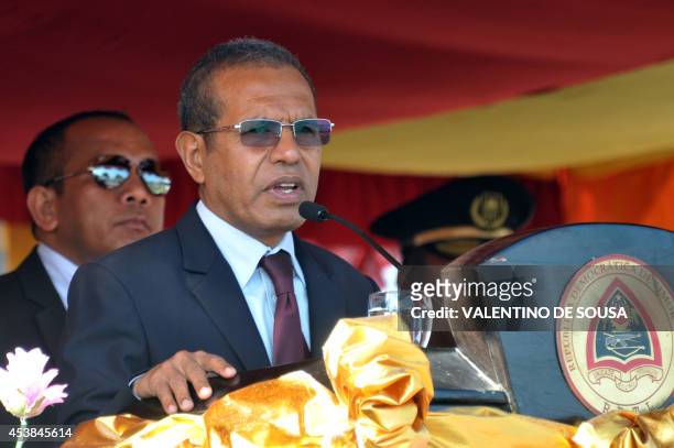 East Timorese President Taur Matan Ruak delivers his address during a ceremony marking the 39th anniversary of FALINTIL, the Armed Forces for the...