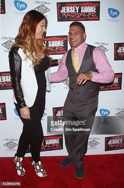 Personalities Jenni "JWoww" Farley and Ronnie Magro attend the "Jersey Shore Massacre" New York Premiere at AMC Lincoln Square Theater on August 19,...