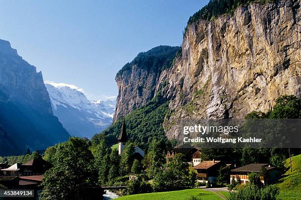Switzerland, Bernese Oberland, View Of Lauterbrunnen, Waterfall.