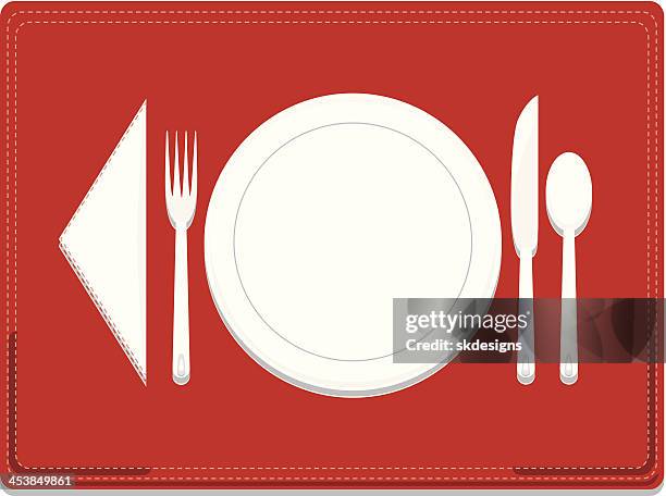 dinnerware place setting with optional red stitched placemat - tablespoon stock illustrations