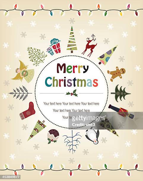 christmas elements in a circle - christmas penguins stock illustrations