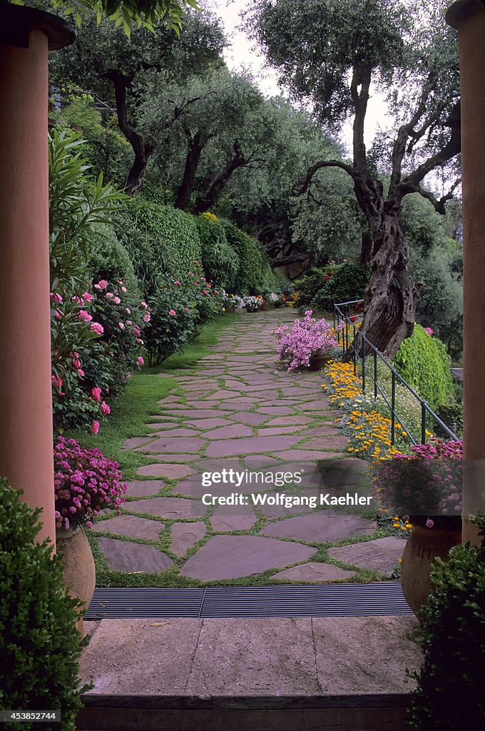 Italy, Portofino, Hotel Splendido, Stone Walkway, Flowers,...