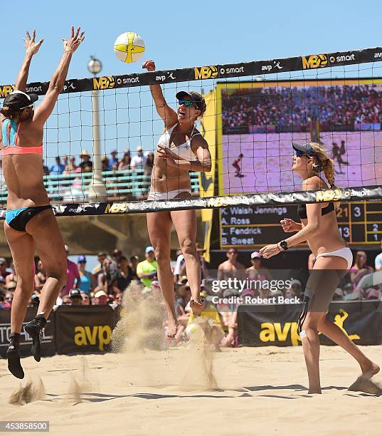 Manhattan Beach Open: April Ross in action with Kerri Walsh Jennings vs Lauren Fendrick and Brooke Sweat during Women's Finals match at Manhattan...