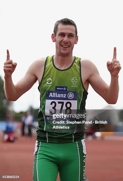 Michael McKillop of Ireland celebrates winning the Men's 800m T38 event during day two of the IPC Athletics European Championships at Swansea...
