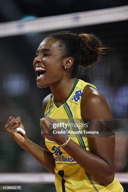Claudino Fabiana of Brazil celebrates after scoring a point against Turkey during the FIVB World Grand Prix Final - Group 1 on August 20, 2014 in...