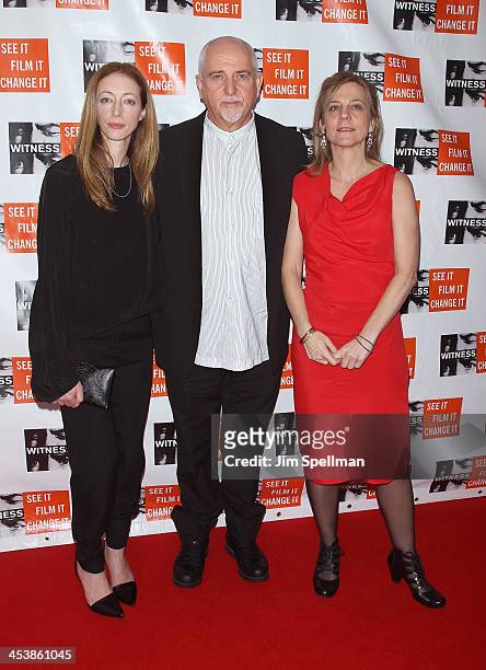 Honoree Dr. Mo Ibrahim, WITNESS executive director Yvette Alberdingk Thijm, and Peter Gabriel attend the 2013 Focus For Change gala benefiting...