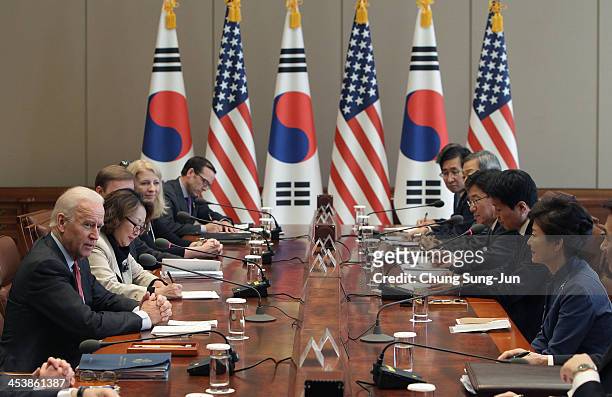 Vice President Joe Biden talks with South Korean President Park Geun-Hye during their meeting at presidentisl house on December 6, 2013 in Seoul,...