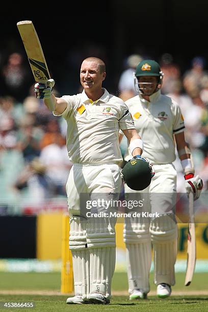 Brad Haddin of Australia celebrates his century during day two of the Second Ashes Test Match between Australia and England at Adelaide Oval on...