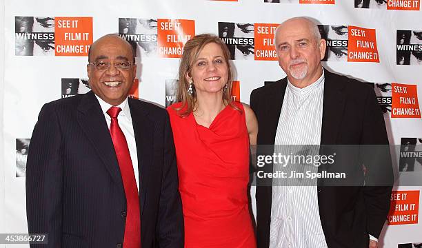 Honoree Dr. Mo Ibrahim, WITNESS executive director Yvette Alberdingk Thijm, and Peter Gabriel attend the 2013 Focus For Change gala benefiting...