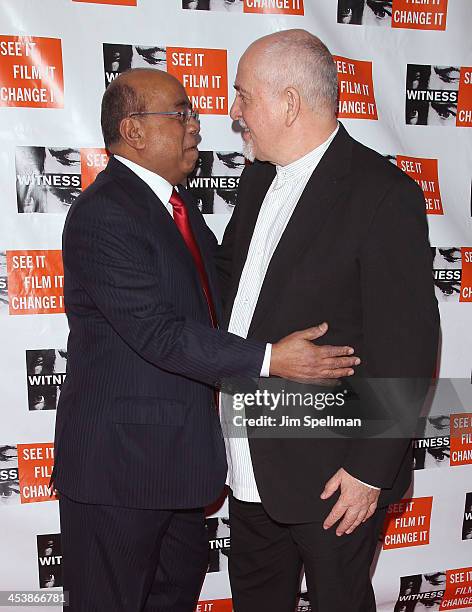 Honoree Dr. Mo Ibrahim and Peter Gabriel attend the 2013 Focus For Change gala benefiting WITNESS at Roseland Ballroom on December 5, 2013 in New...