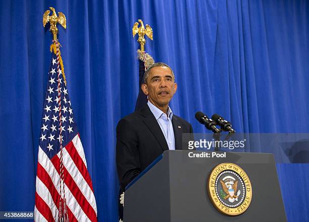 President Barack Obama makes a statement about the execution of American journalist James Foley by ISIS terrorists in Iraq during a press briefing at...
