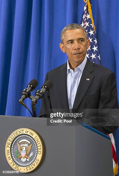 President Barack Obama makes a statement about the execution of American journalist James Foley by ISIS terrorist in Iraq during a press briefing at...