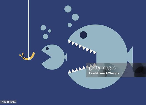 stockillustraties, clipart, cartoons en iconen met big fish eat little fishes, hookworm bait. business concept - animals in captivity