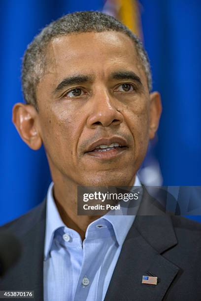 President Barack Obama makes a statement about the execution of American journalist James Foley by ISIS terrorists in Iraq during a press briefing at...