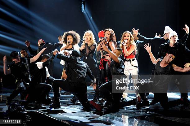 Little Mix performs on FOX's "The X Factor" Season 3 Top 6 To 4 Live Elimination Show on December 5, 2013 in Hollywood, California.