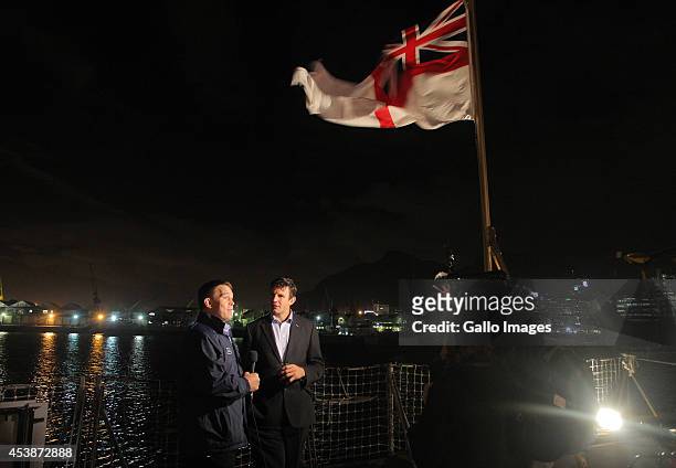 Rugby World Cup 2007 winning captain John Smit and Rugby World Cup 2003 winner Martin Corry doing a TV interview on the HMS Iron Duke during the...