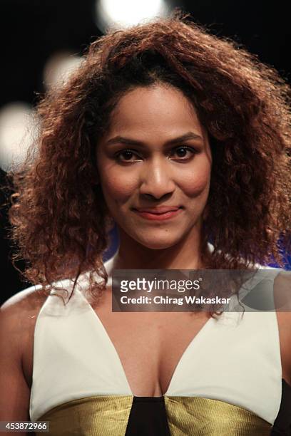 Masaba Gupta walks the runway during the Opening Day show as part of Lakme Fashion Week Winter/Festive 2014 at The Palladium Hotel on August 19, 2014...