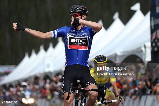 Tejay van Garderen of the United States riding for the BMC Racing Team celebrates as he crosses the finish line to win ahead of Rafal Majka of Poland...