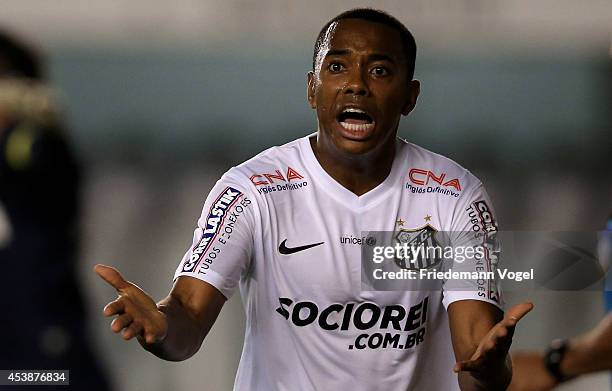 Robinho of Santos reacts during the match between Santos and Atletico PR for the Brazilian Series A 2014 at Vila Belmiro stadium on August 20, 2014...