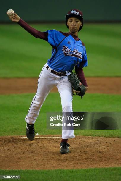 Mo'ne Davis of Pennsylvania pitches to a Nevada batter during the second inning of the United States division game at the Little League World Series...