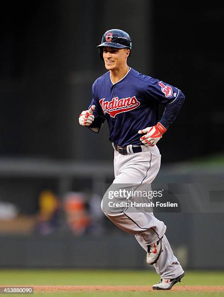 Zach Walters of the Cleveland Indians rounds the bases after hitting a solo home run against the Minnesota Twins during the second inning of the game...