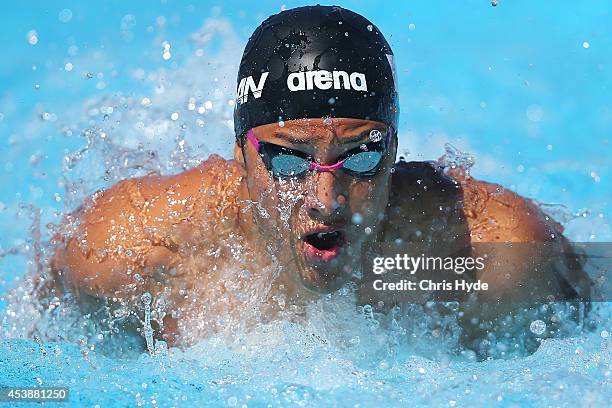 Daiya Seto of Japan swims the Men's 200m Butterfly heats during day one of the 2014 Pan Pacific Championships at Gold Coast Aquatics on August 21,...